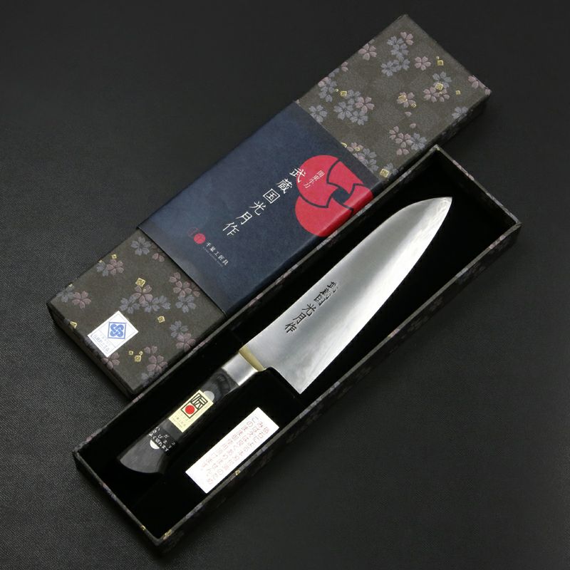 武蔵国光月作 洋出刃包丁 両刃 180mm 全鋼 真鍮ロウ付け口金付き パッカー柄