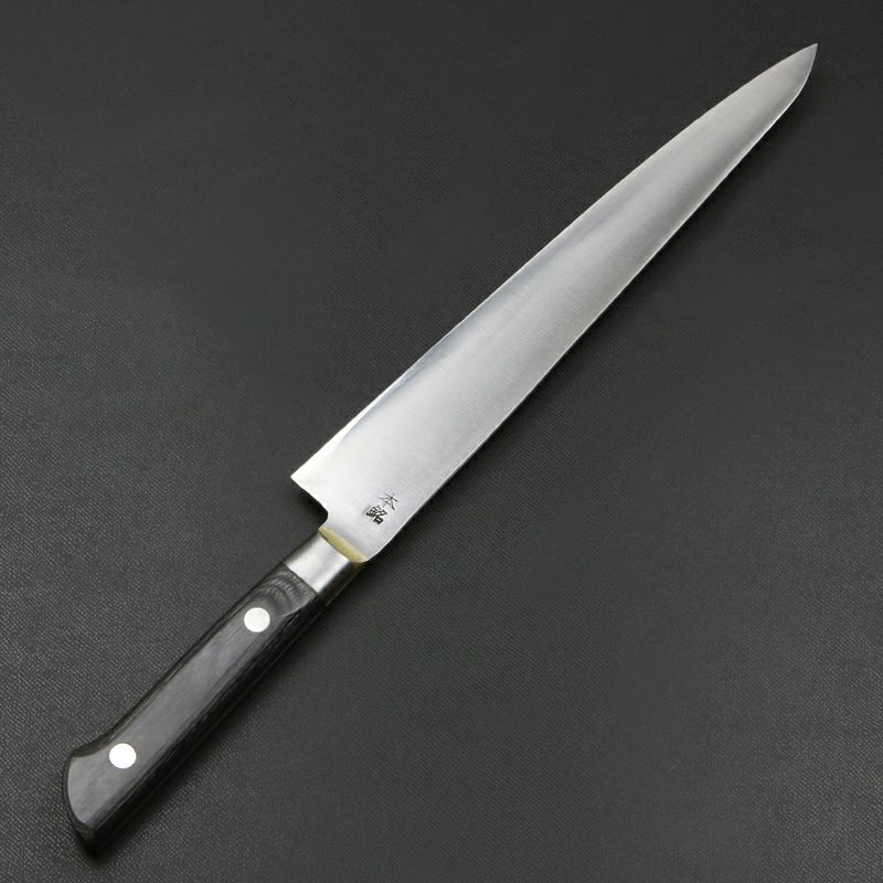 武蔵国光月作 筋引包丁 両刃 240mm 全鋼 真鍮ロウ付け口金付き パッカー柄