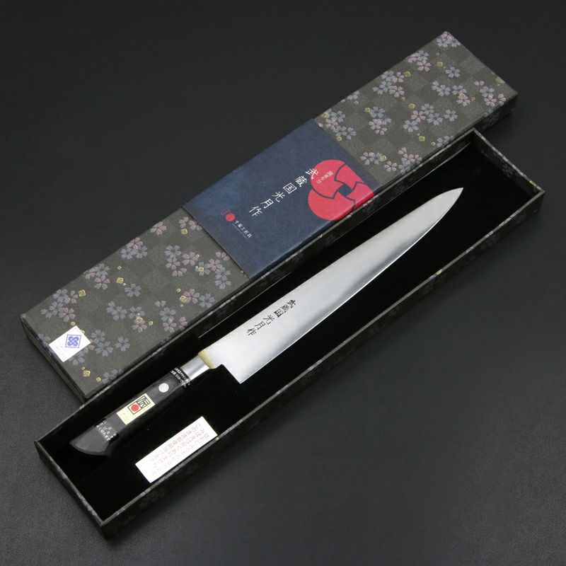 武蔵国光月作 筋引包丁 両刃 270mm 全鋼 真鍮ロウ付け口金付き 強化パッカー柄 手研ぎ本刃付け