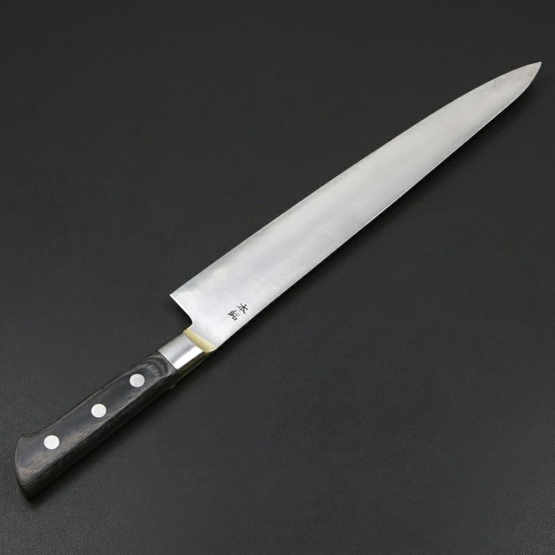 武蔵国光月作 筋引包丁 両刃 270mm 全鋼 真鍮ロウ付け口金付き 強化パッカー柄 手研ぎ本刃付け