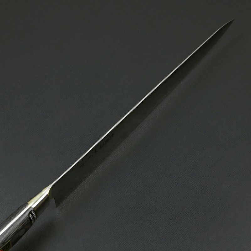 武蔵国光月作 筋引包丁 両刃 270mm 全鋼 真鍮ロウ付け口金付き 強化パッカー柄 手研ぎ本刃付け