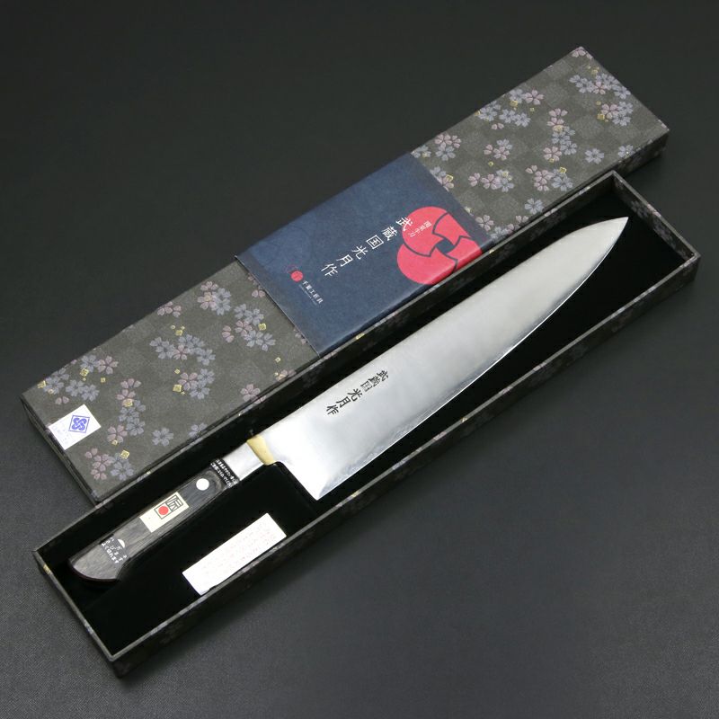 武蔵国光月作 牛刀 両刃 300mm 全鋼 真鍮ロウ付け口金付き 強化パッカー柄 手研ぎ本刃付け