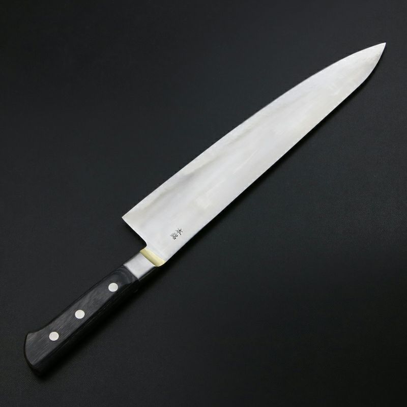 武蔵国光月作 牛刀 両刃 300mm 全鋼 真鍮ロウ付け口金付き 強化パッカー柄 手研ぎ本刃付け