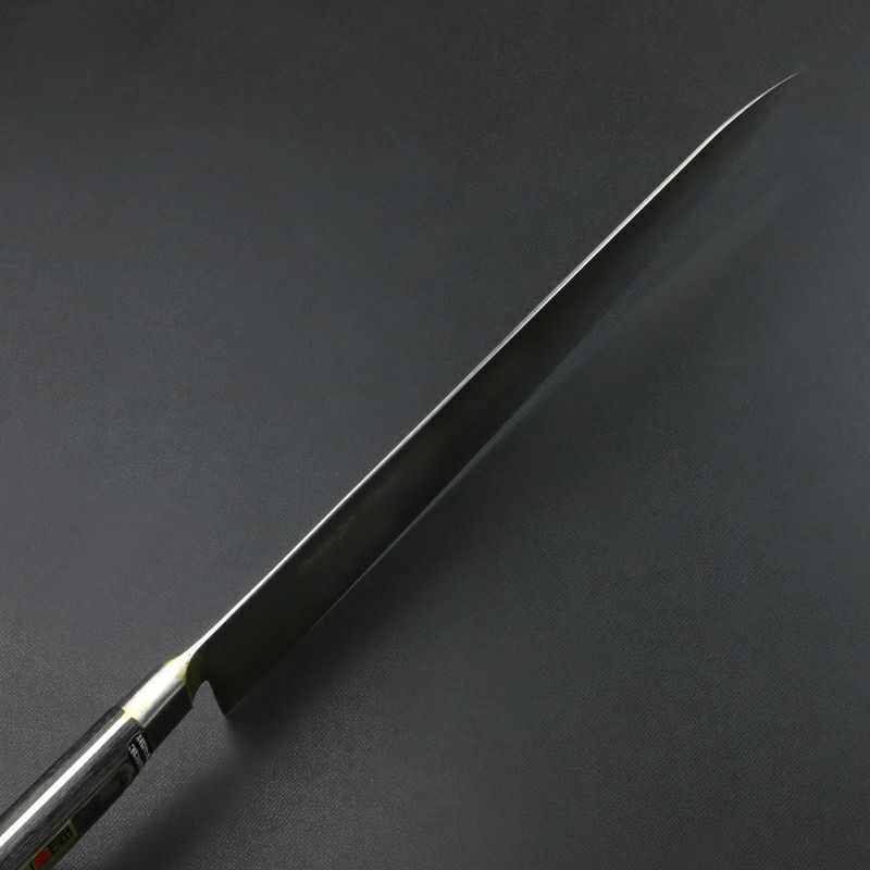 武蔵国光月作 牛刀 両刃 300mm 全鋼 真鍮ロウ付け口金付き 強化パッカー柄 手研ぎ本刃付け