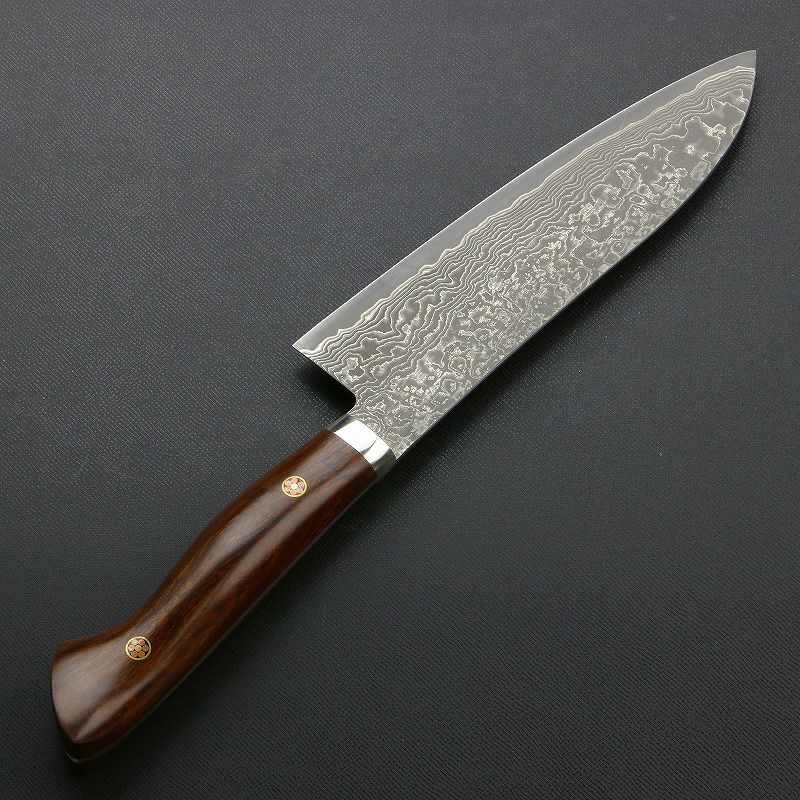 三徳包丁 両刃 170mm 粉末ハイスR2 割込み ステンレス ダマスカス模様 口金付き アイアンウッド柄 木箱入り