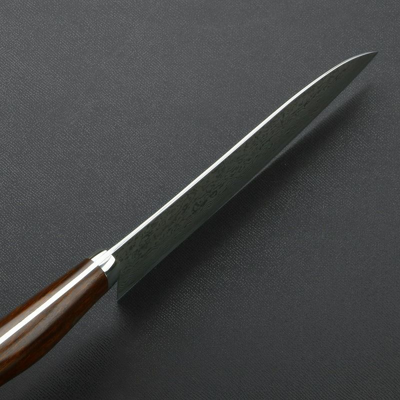 三徳包丁 両刃 170mm 粉末ハイスR2 割込み ステンレス ダマスカス模様 口金付き アイアンウッド柄 木箱入り