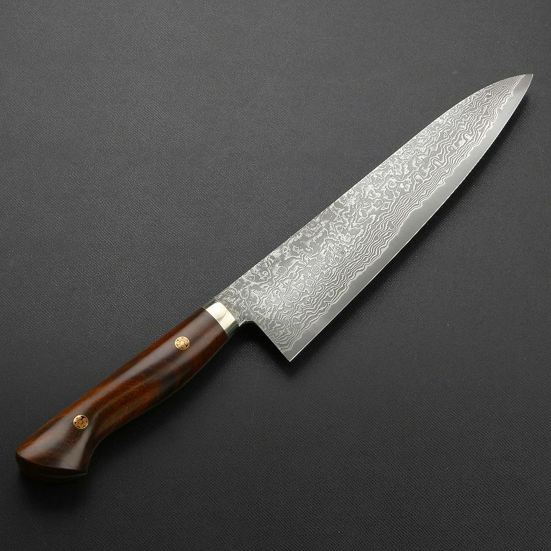 牛刀 両刃 210mm 粉末ハイスR2 割込み ステンレス ダマスカス模様 口金付き アイアンウッド柄