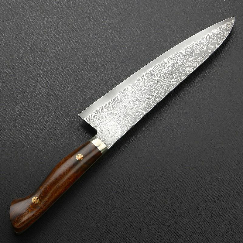 牛刀 両刃 210mm 粉末ハイスR2 割込み ステンレス ダマスカス模様 口金付き アイアンウッド柄