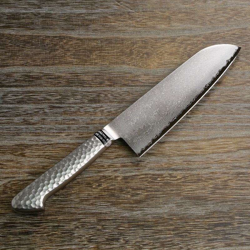 三徳包丁 両刃 175mm ステン＆ニッケル 63層鋼 ダマスカス模様 ステンレス一体型