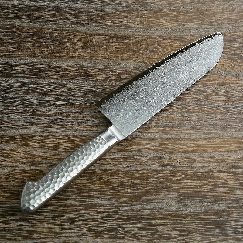 三徳包丁 両刃 175mm ステン＆ニッケル 63層鋼 ダマスカス模様 ステンレス一体型