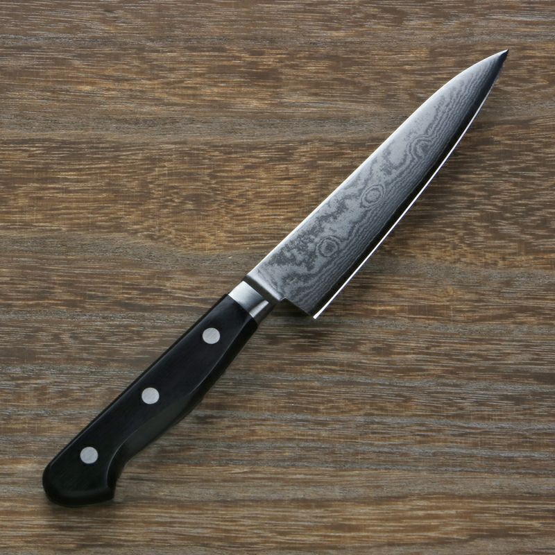 ペティナイフ 両刃 120mm V金10号 ステンレス ダマスカス模様 共口金付き 黒合板柄