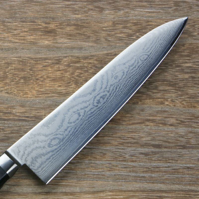 牛刀 両刃 210mm V金10号 ステンレス ダマスカス模様 共口金付き 黒合板柄