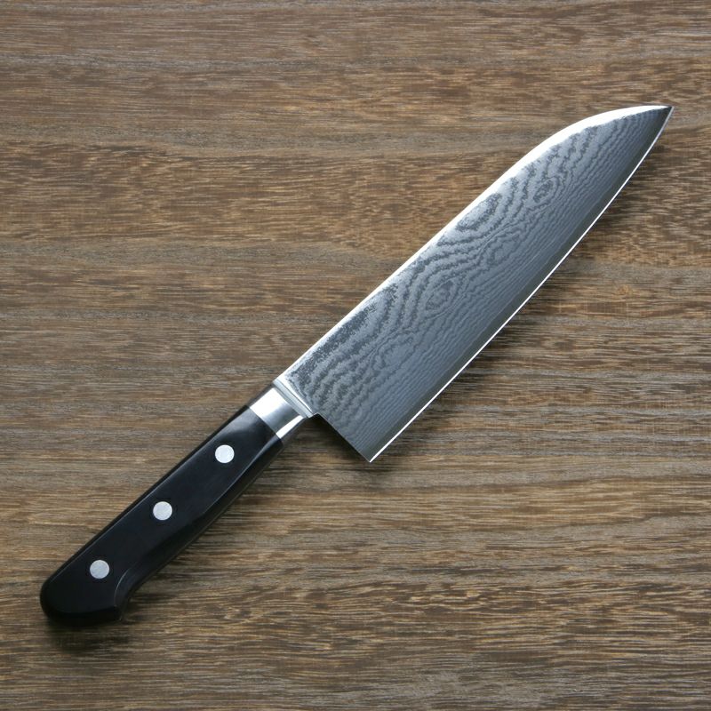 三徳包丁 両刃 180mm V金10号 ステンレス ダマスカス模様 共口金付き 黒合板柄