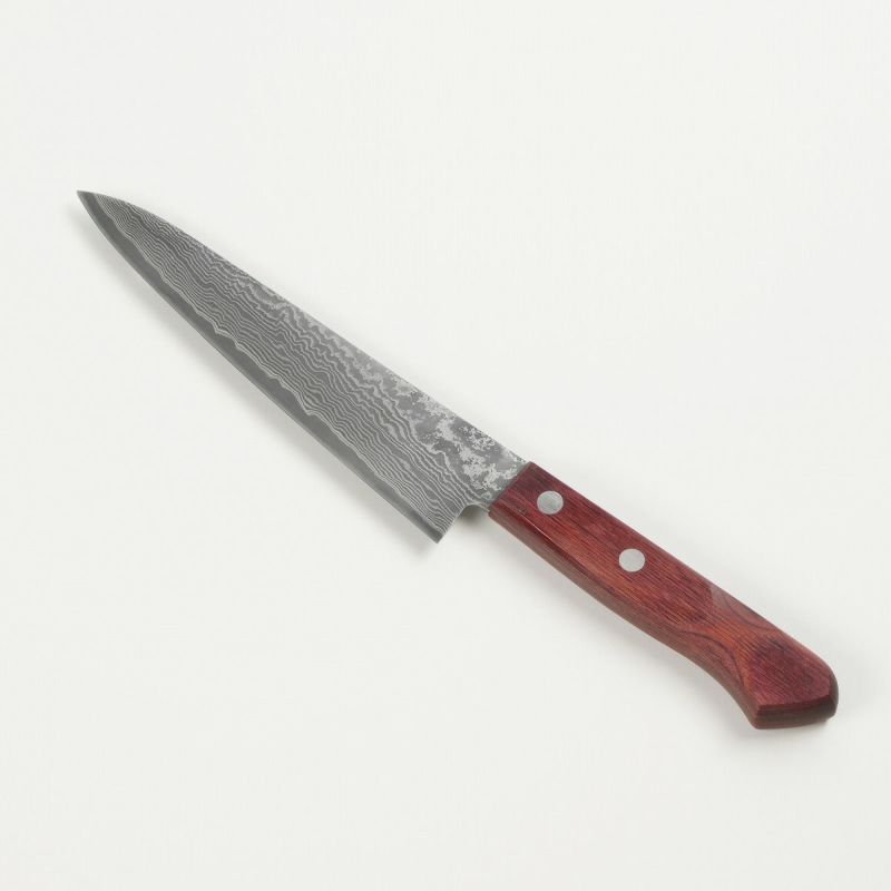 ペティナイフ 両刃 150mm 粉末ハイスR2 ダマスカス模様 赤柄 ほんまもん 推奨包丁