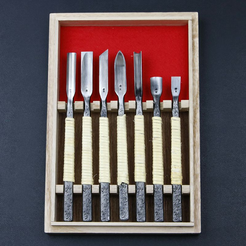 清玄作 柔 彫刻刀 藤巻 槌目入共柄 7本組