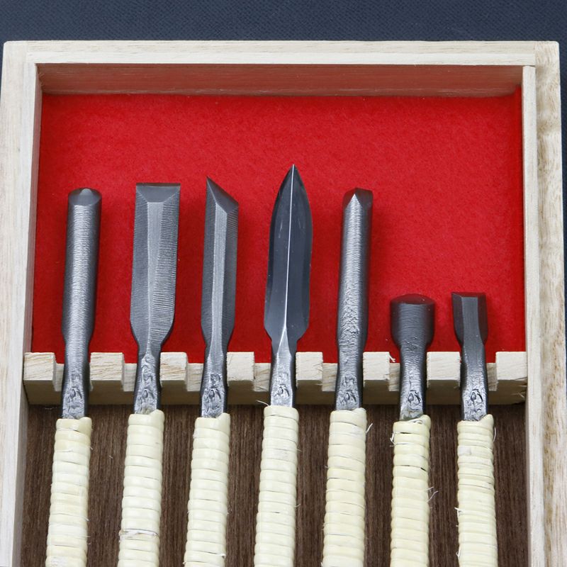 清玄作 柔 彫刻刀 藤巻 槌目入共柄 7本組