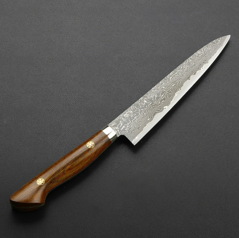 ペティナイフ 両刃 150mm 粉末ハイスR2 ダマスカス模様<br>口金付き アイアンウッド柄 木箱入り