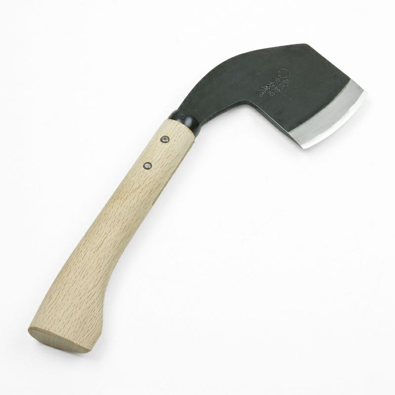 越後鉈鍛冶 味方屋作 両刃首曲り 白樫柄 刃当て付ナタ