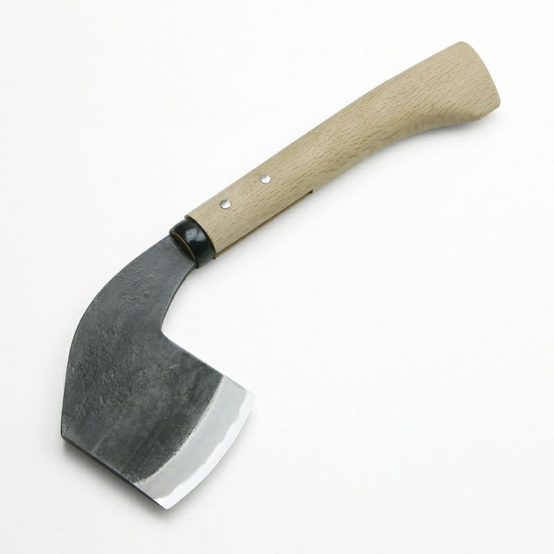 越後鉈鍛冶 味方屋作 両刃首曲り 白樫柄 刃当て付ナタ