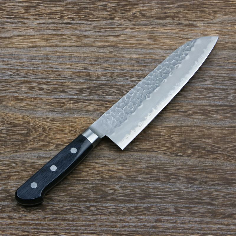 青馬 三徳包丁 両刃 180mm 青紙スーパー鋼 割込み ステンレス 槌目仕上げ 共口金付き 黒合板柄 全体