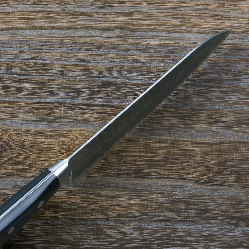 青馬 三徳包丁 両刃 180mm 青紙スーパー鋼 割込み ステンレス 槌目仕上げ 共口金付き 黒合板柄 峰
