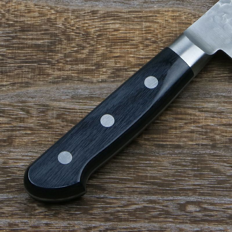 青馬 三徳包丁 両刃 180mm 青紙スーパー鋼 割込み ステンレス 槌目仕上げ 共口金付き 黒合板柄 柄