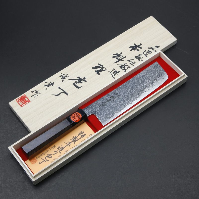 誠貴作 春風 菜切り包丁 両刃 165mm 粉末ハイス積層鋼 ダマスカス模様 水牛八角ウォルナット柄 木箱入り 全体