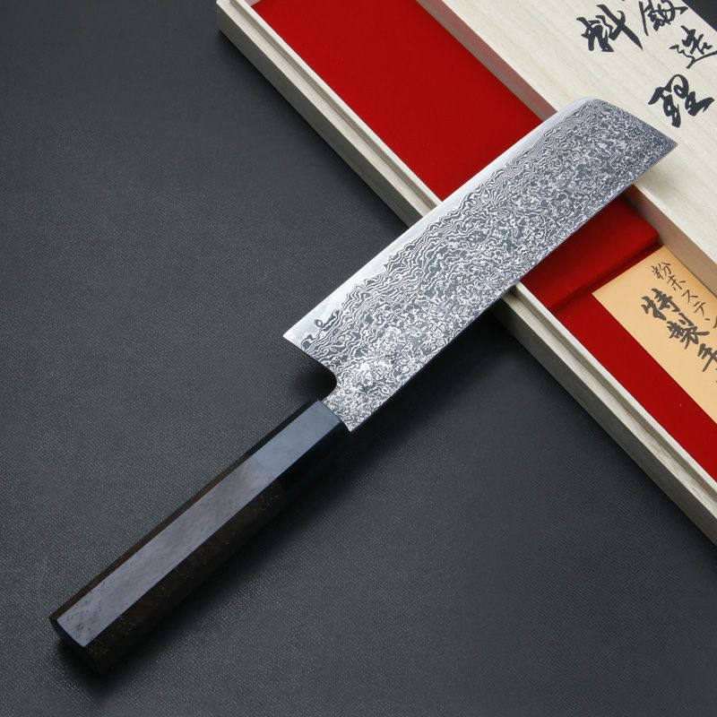 誠貴作 春風 菜切り包丁 両刃 165mm 粉末ハイス積層鋼 ダマスカス模様 水牛八角ウォルナット柄 木箱入り 裏