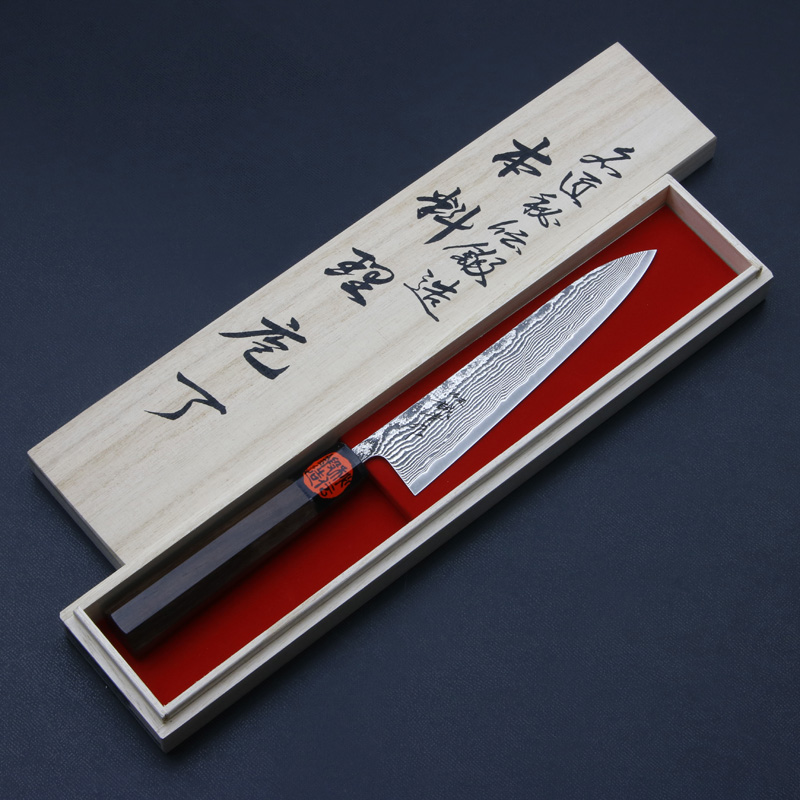 誠貴作 春風 和ペティナイフ 両刃 150mm 粉末ハイスR2 割込み ステンレス ダマスカス模様  ウォルナット柄 木箱入り