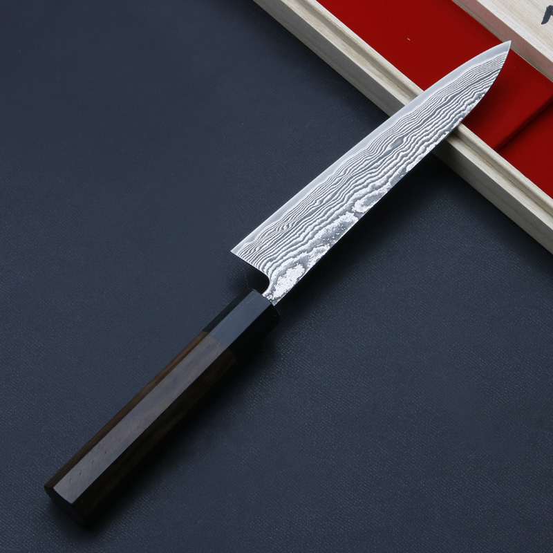 誠貴作 春風 和ペティナイフ 両刃 150mm 粉末ハイスR2 割込み ステンレス ダマスカス模様  ウォルナット柄 木箱入り