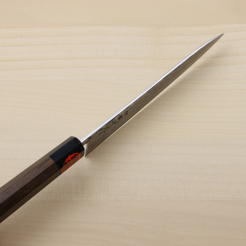 誠貴作 春風 和ペティナイフ 両刃 150mm 粉末ハイスR2 割込み ステンレス ダマスカス模様  ウォルナット柄 木箱入り