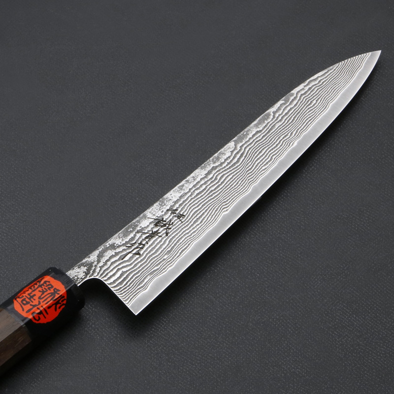 誠貴作 春風 和ペティナイフ 両刃 150mm 粉末ハイスR2 割込み ステンレス ダマスカス模様  ウォルナット柄 木箱入り