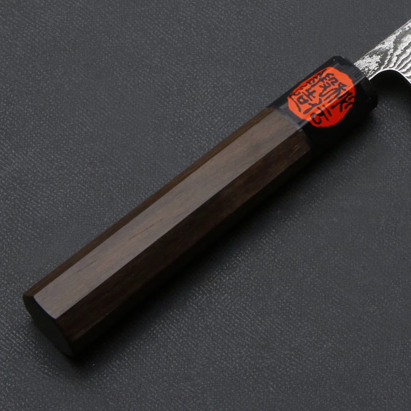 誠貴作 春風 和ペティナイフ 両刃 150mm 粉末ハイスR2 割込み ステンレス ダマスカス模様  ウォルナット柄 木箱入り