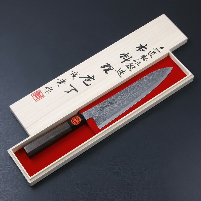 田中誠貴作 春風 和牛刀 両刃 210mm 粉末ハイスR2 割込み ステンレス ダマスカス模様  ウォルナット柄 木箱入り 鍛造品 全体