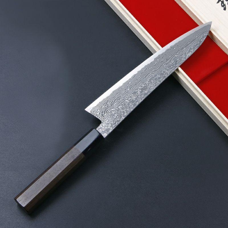 田中誠貴作 春風 和牛刀 両刃 210mm 粉末ハイスR2 割込み ステンレス ダマスカス模様  ウォルナット柄 木箱入り 鍛造品 裏