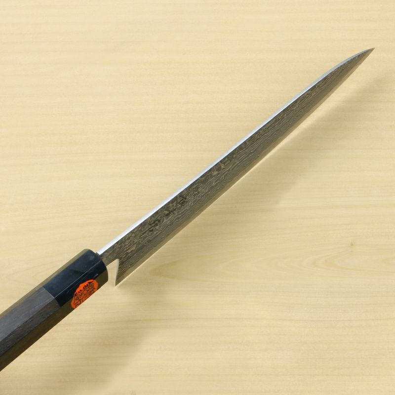 田中誠貴作 春風 和牛刀 両刃 210mm 粉末ハイスR2 割込み ステンレス ダマスカス模様  ウォルナット柄 木箱入り 鍛造品 斜め