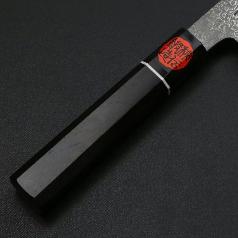 誠貴作 羽々斬 三徳包丁 両刃 165mm 粉末ハイスR2 割込み ステンレス ダマスカス模様 黒檀柄 木箱入り