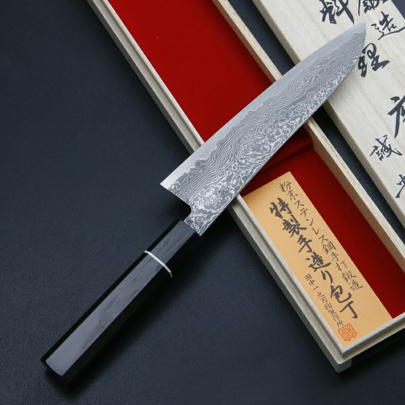 田中誠貴作 羽々斬 和牛刀 両刃 180mm 粉末ハイスR2 割込み ステンレス ダマスカス模様 黒檀柄 木箱入り 鍛造品