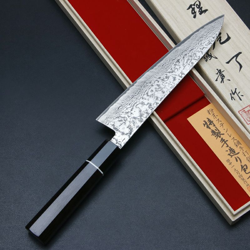 田中誠貴作 羽々斬 和牛刀 両刃 210mm 粉末ハイスR2 割込み ステンレス ダマスカス模様 黒檀柄 木箱入り 鍛造品 裏