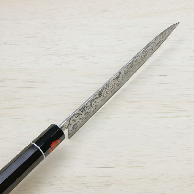 田中誠貴作 羽々斬 和牛刀 両刃 210mm 粉末ハイスR2 割込み ステンレス ダマスカス模様 黒檀柄 木箱入り 鍛造品 峰