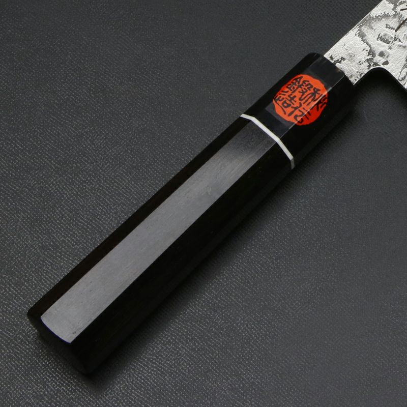 田中誠貴作 羽々斬 和牛刀 両刃 210mm 粉末ハイスR2 割込み ステンレス ダマスカス模様 黒檀柄 木箱入り 鍛造品 柄