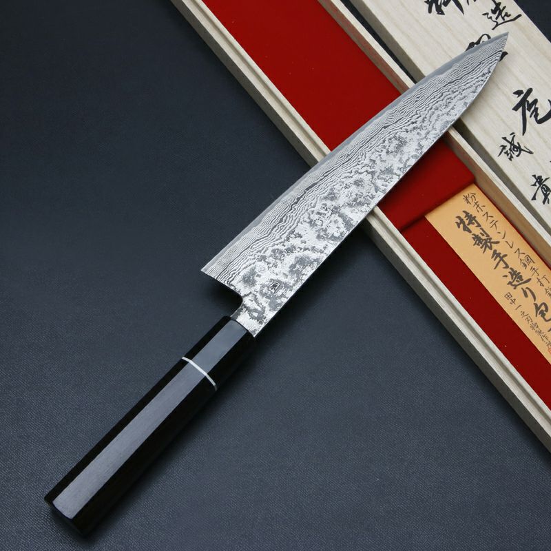 田中誠貴作 羽々斬 和牛刀 両刃 240mm 粉末ハイスR2 割込み ステンレス ダマスカス模様 黒檀柄 木箱入り 鍛造品 裏