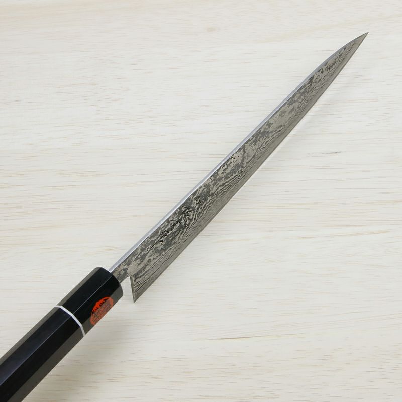田中誠貴作 羽々斬 和牛刀 両刃 240mm 粉末ハイスR2 割込み ステンレス ダマスカス模様 黒檀柄 木箱入り 鍛造品 峰