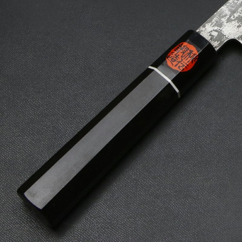 田中誠貴作 羽々斬 和牛刀 両刃 240mm 粉末ハイスR2 割込み ステンレス ダマスカス模様 黒檀柄 木箱入り 鍛造品 柄