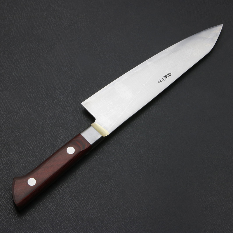下総国光月作 牛刀 両刃 180mm 白紙1号 全鋼 溶接手仕上げ口金 ワインレッドパッカー柄 手研ぎ本刃付け