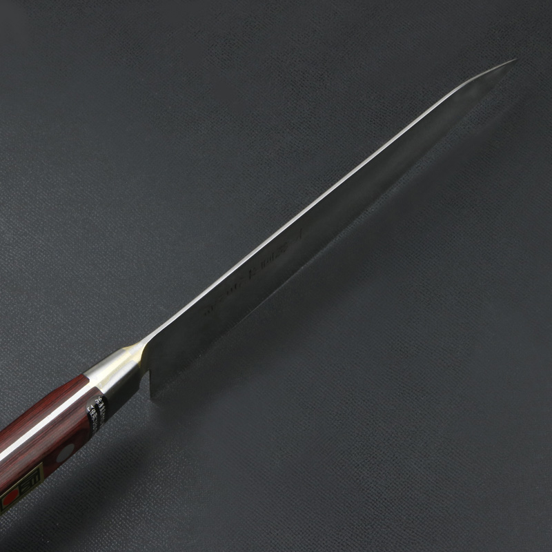 下総国光月作 牛刀 両刃 180mm 白紙1号 全鋼 溶接手仕上げ口金 ワインレッドパッカー柄 手研ぎ本刃付け