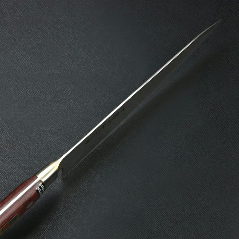 下総国光月作 牛刀 両刃 210mm 白紙1号 白紙1号 全鋼 真鍮ロウ付け口金付き ワインレッドパッカー柄 手研ぎ本刃付け 峰