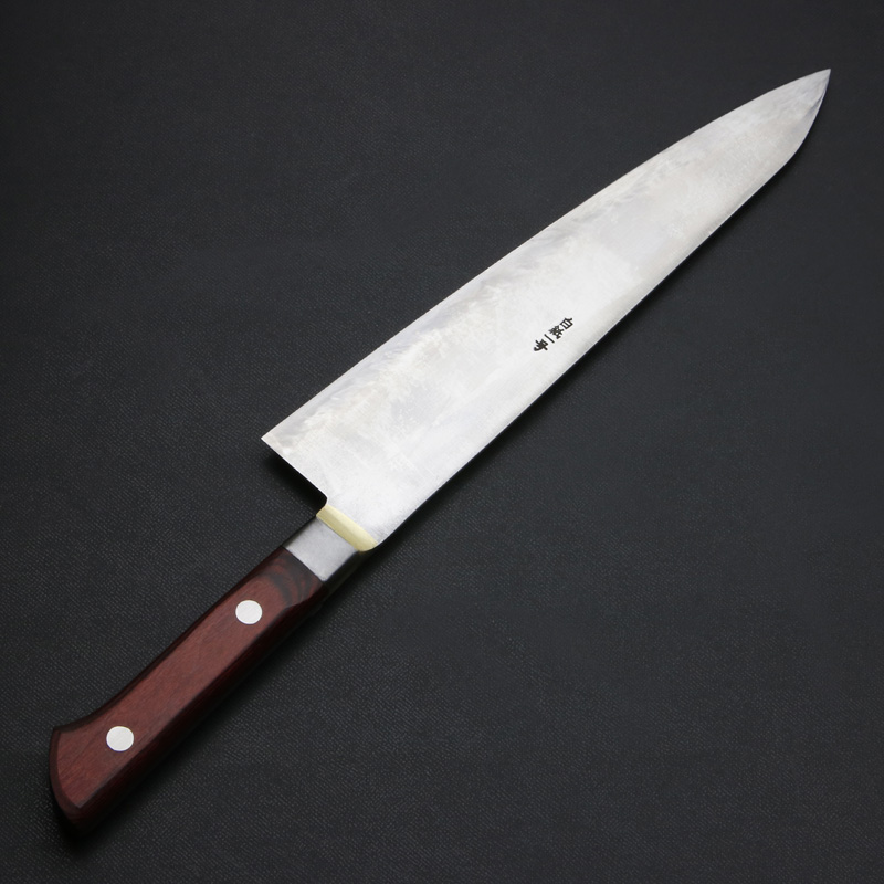 下総国光月作 牛刀 両刃 240mm 白紙1号 全鋼 溶接手仕上げ口金 ワインレッドパッカー柄 手研ぎ本刃付け