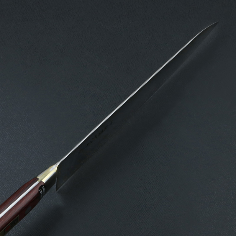 下総国光月作 牛刀 両刃 240mm 白紙1号 全鋼 溶接手仕上げ口金 ワインレッドパッカー柄 手研ぎ本刃付け