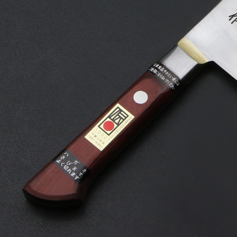 下総国光月作 牛刀 両刃 240mm 白紙1号 全鋼 溶接手仕上げ口金 ワインレッドパッカー柄 手研ぎ本刃付け